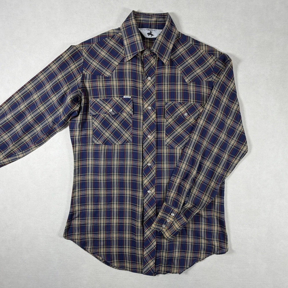 Vintage Chute #1 Western Pearl Snap Plaid Shirt Navy Blue Red Mens 15.5 33